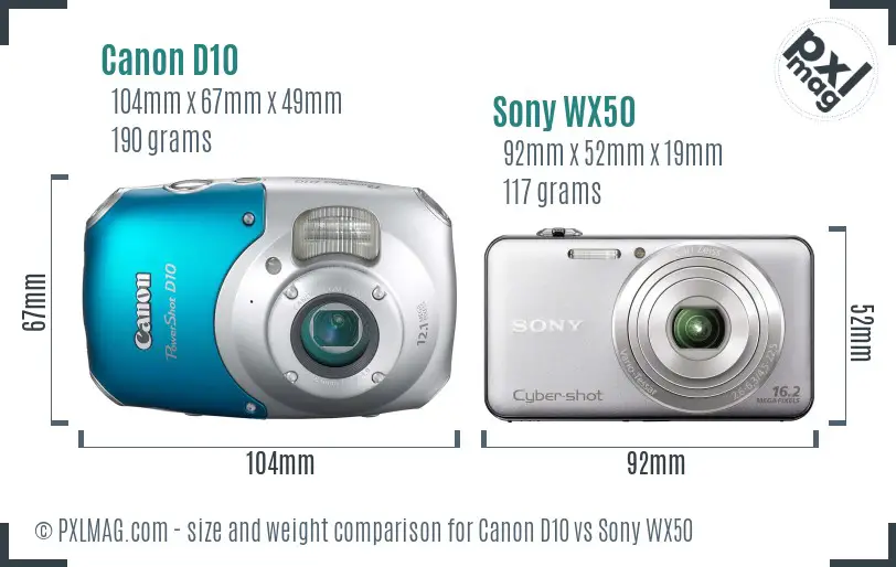 Canon D10 vs Sony WX50 size comparison