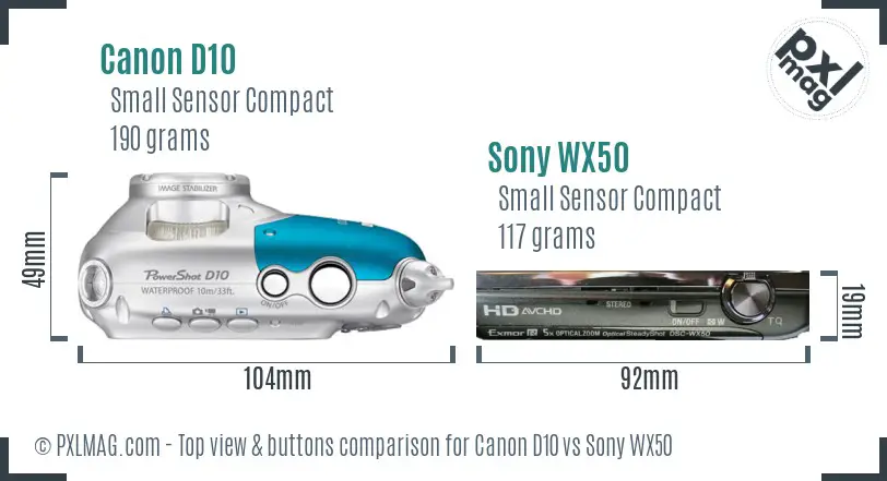 Canon D10 vs Sony WX50 top view buttons comparison