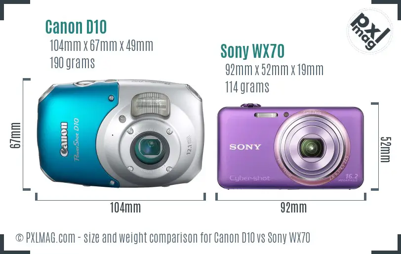 Canon D10 vs Sony WX70 size comparison