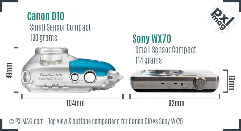 Canon D10 vs Sony WX70 top view buttons comparison