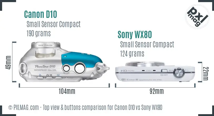 Canon D10 vs Sony WX80 top view buttons comparison Canon D10 vs Sony WX80 top view buttons comparison