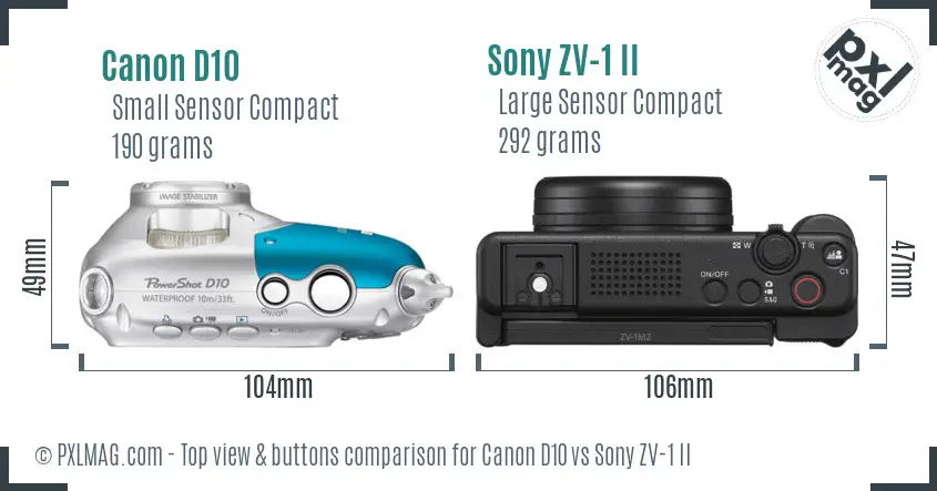 Canon D10 vs Sony ZV-1 II top view buttons comparison Canon D10 vs Sony ZV-1 II top view buttons comparison