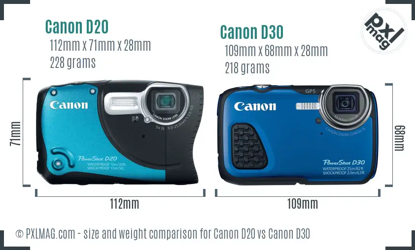 Canon D20 vs Canon D30 size comparison