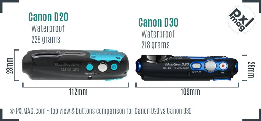 Canon D20 vs Canon D30 top view buttons comparison