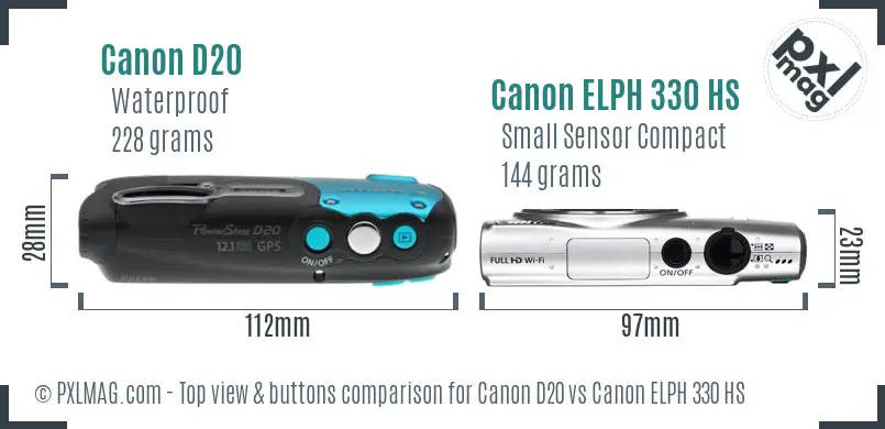 Canon D20 vs Canon ELPH 330 HS top view buttons comparison