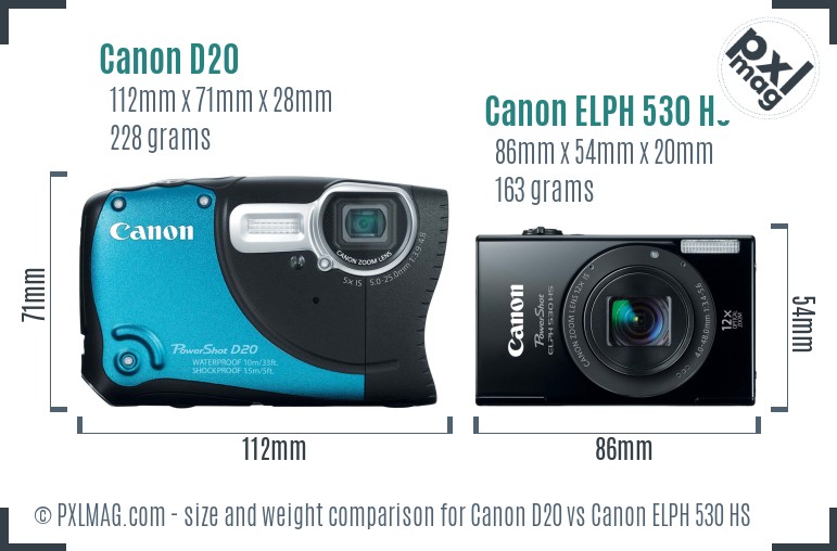 Canon D20 vs Canon ELPH 530 HS size comparison