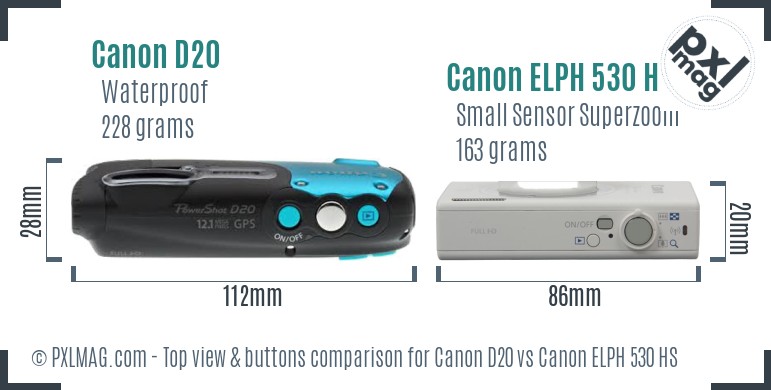 Canon D20 vs Canon ELPH 530 HS top view buttons comparison