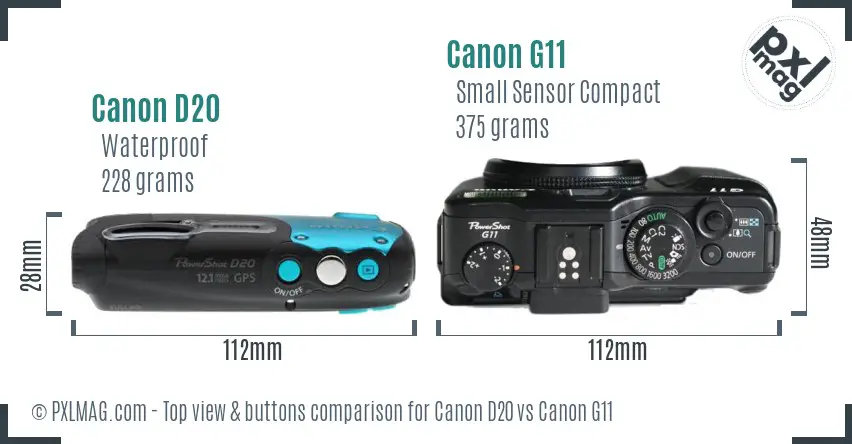 Canon D20 vs Canon G11 top view buttons comparison Canon D20 vs Canon G11 top view buttons comparison