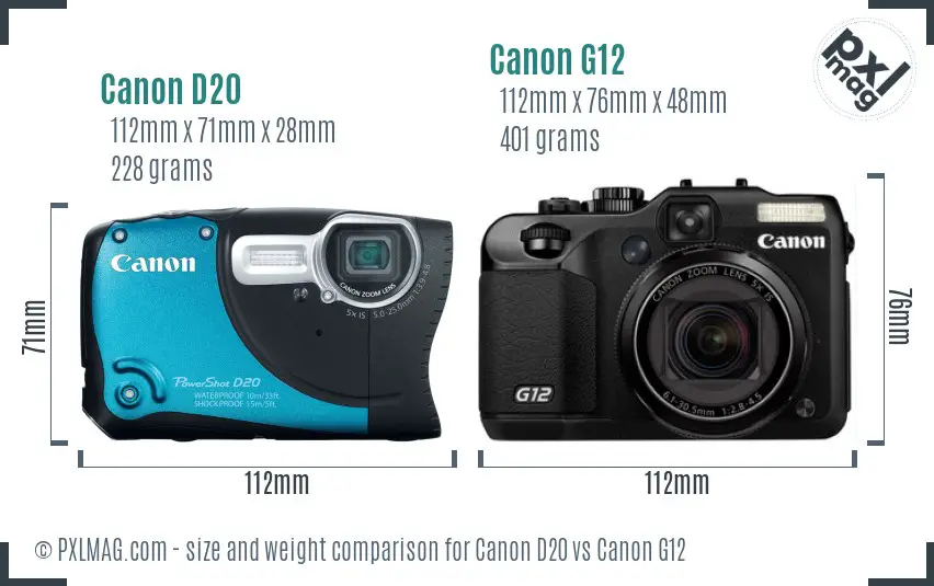 Canon D20 vs Canon G12 size comparison