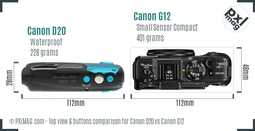 Canon D20 vs Canon G12 top view buttons comparison