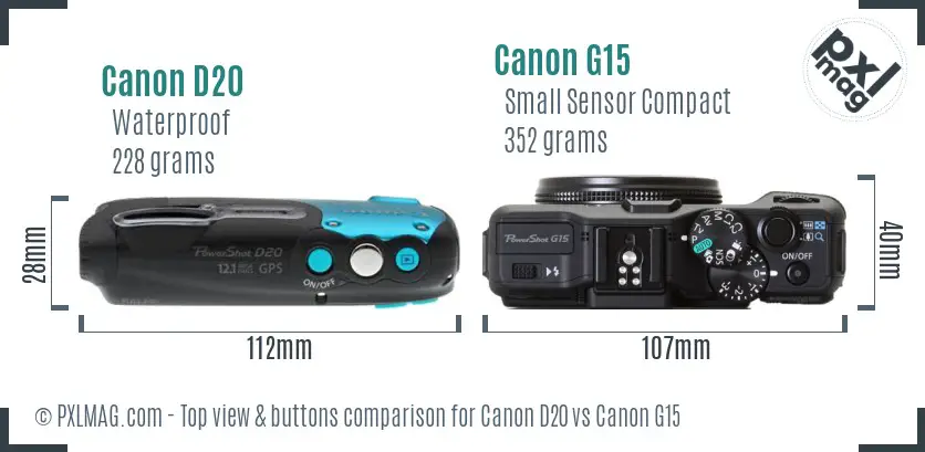 Canon D20 vs Canon G15 top view buttons comparison