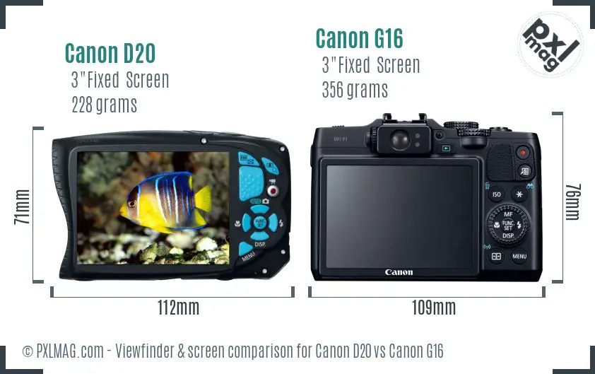 Canon D20 vs Canon G16 Screen and Viewfinder comparison