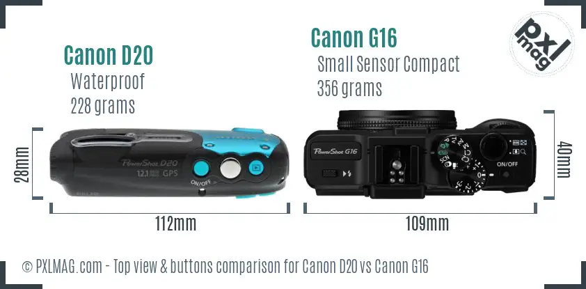 Canon D20 vs Canon G16 top view buttons comparison