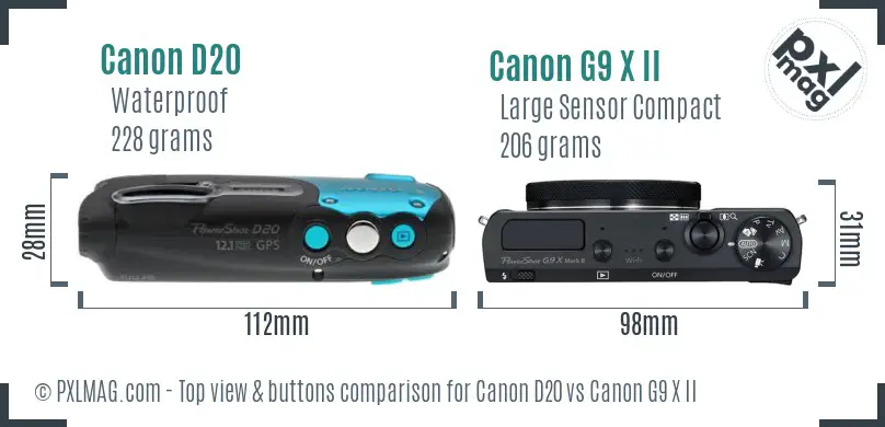 Canon D20 vs Canon G9 X II top view buttons comparison