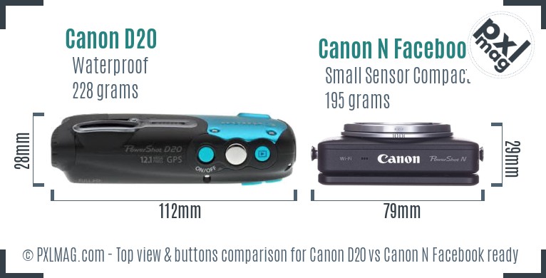 Canon D20 vs Canon N Facebook ready top view buttons comparison