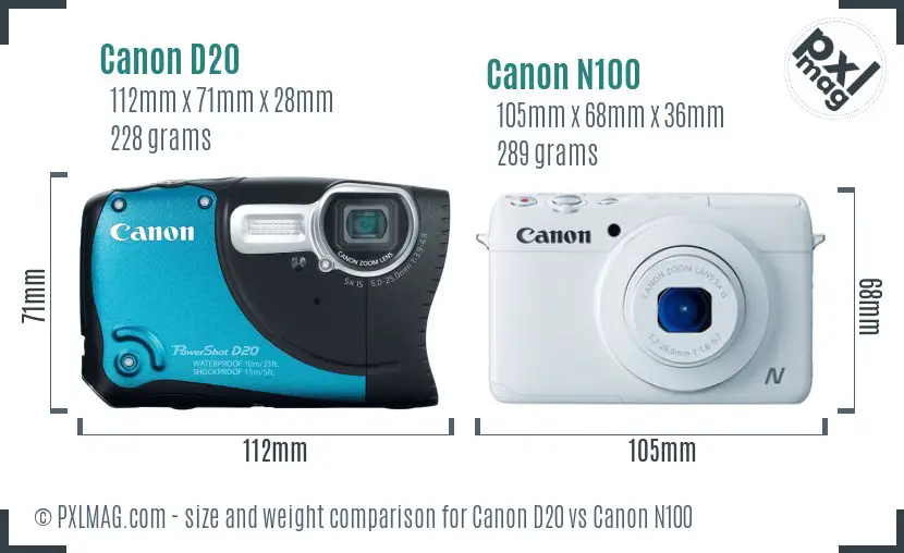 Canon D20 vs Canon N100 size comparison