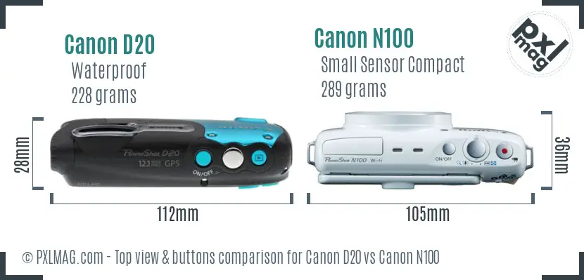 Canon D20 vs Canon N100 top view buttons comparison
