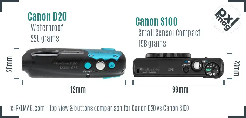 Canon D20 vs Canon S100 top view buttons comparison