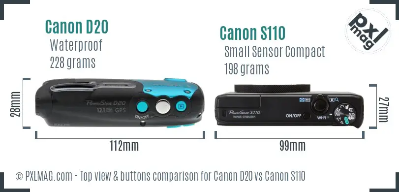 Canon D20 vs Canon S110 top view buttons comparison