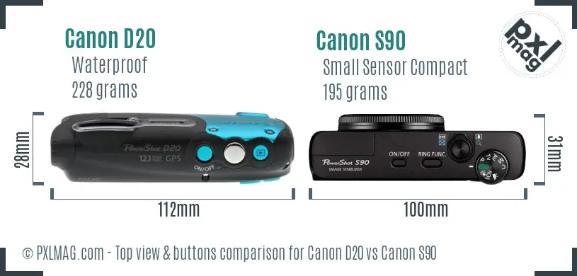 Canon D20 vs Canon S90 top view buttons comparison