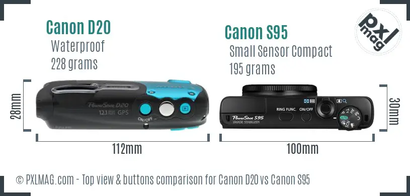 Canon D20 vs Canon S95 top view buttons comparison Canon D20 vs Canon S95 top view buttons comparison