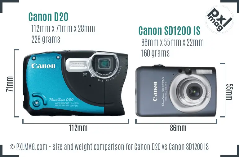 Canon D20 vs Canon SD1200 IS size comparison