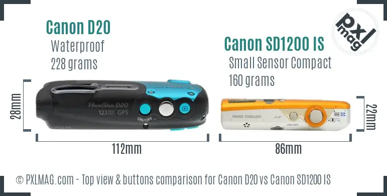 Canon D20 vs Canon SD1200 IS top view buttons comparison