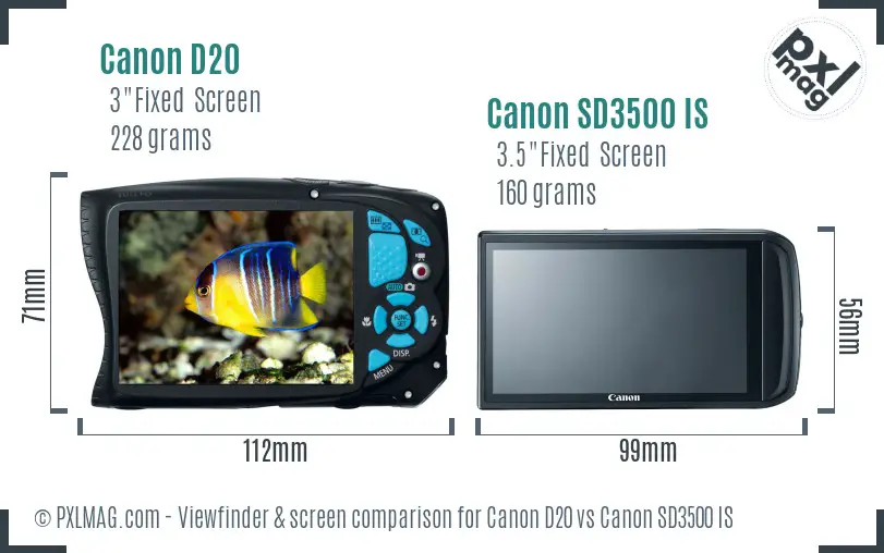 Canon D20 vs Canon SD3500 IS Screen and Viewfinder comparison