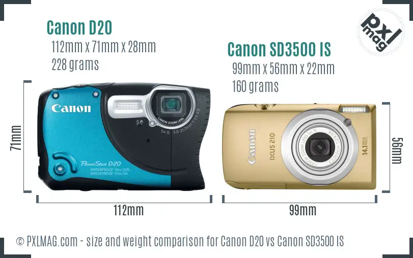 Canon D20 vs Canon SD3500 IS size comparison