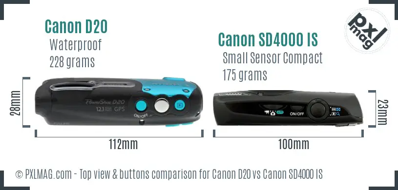 Canon D20 vs Canon SD4000 IS top view buttons comparison