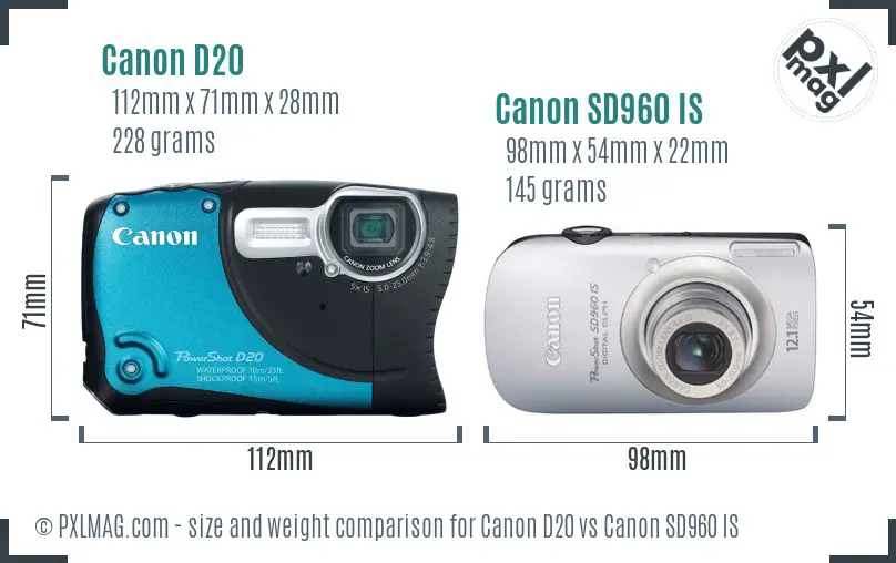 Canon D20 vs Canon SD960 IS size comparison Canon D20 vs Canon SD960 IS size comparison