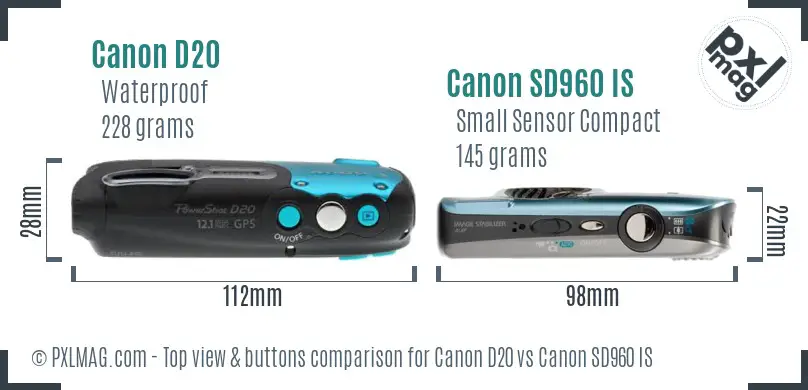 Canon D20 vs Canon SD960 IS top view buttons comparison