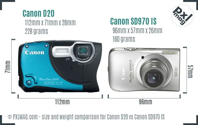 Canon D20 vs Canon SD970 IS size comparison