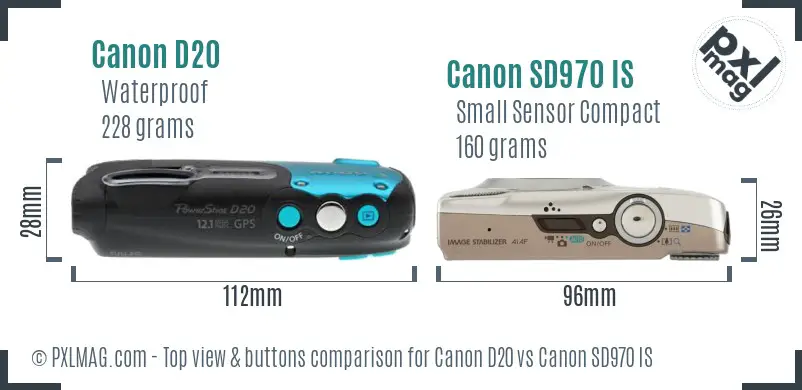 Canon D20 vs Canon SD970 IS top view buttons comparison