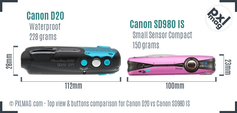 Canon D20 vs Canon SD980 IS top view buttons comparison