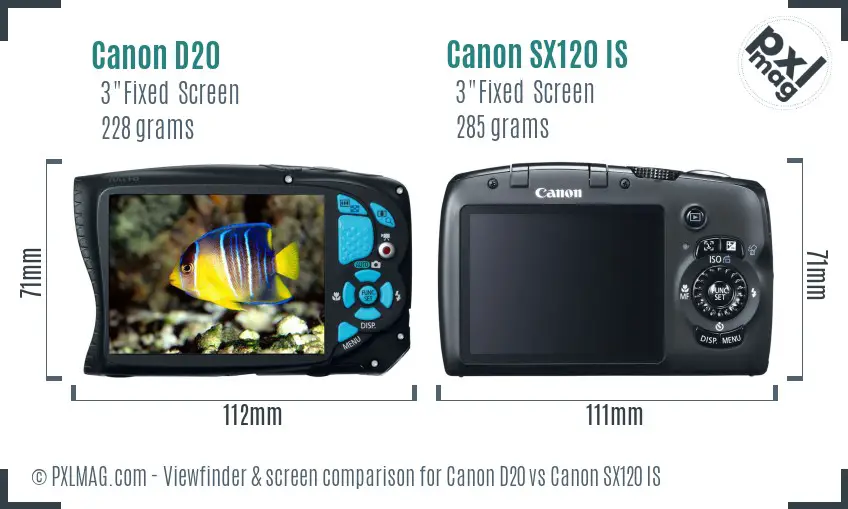 Canon D20 vs Canon SX120 IS Screen and Viewfinder comparison