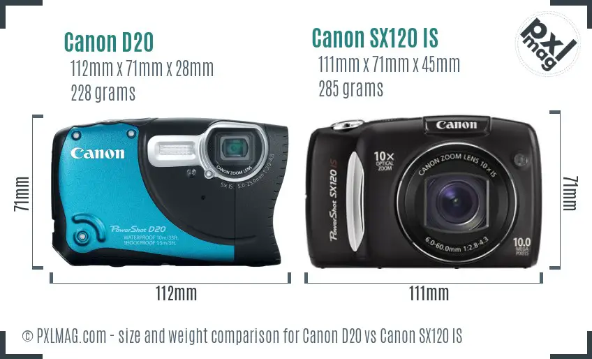 Canon D20 vs Canon SX120 IS size comparison