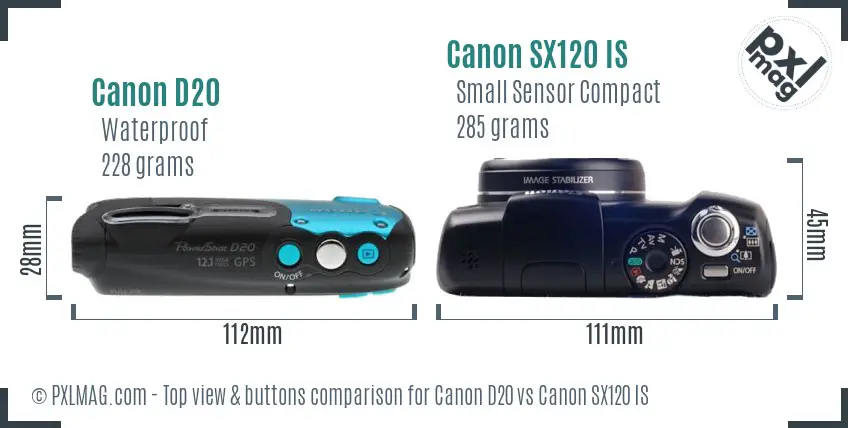 Canon D20 vs Canon SX120 IS top view buttons comparison