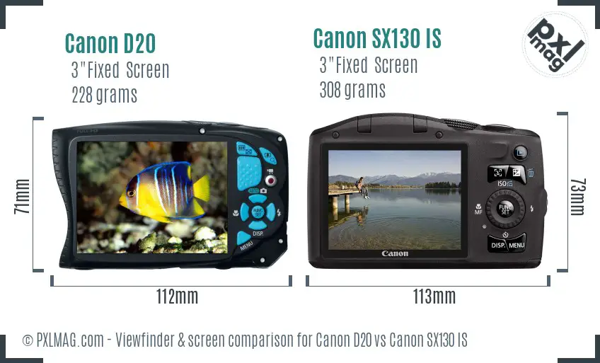 Canon D20 vs Canon SX130 IS Screen and Viewfinder comparison