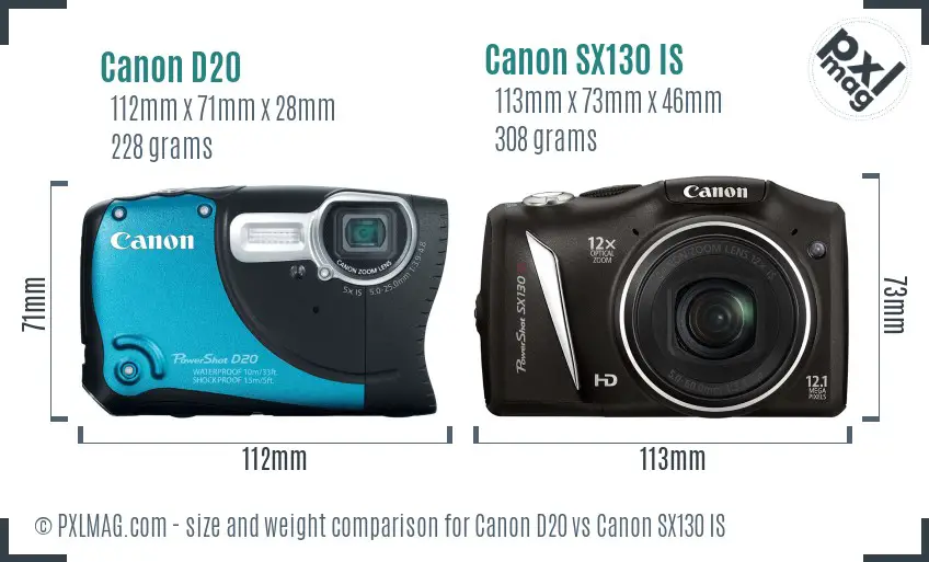 Canon D20 vs Canon SX130 IS size comparison
