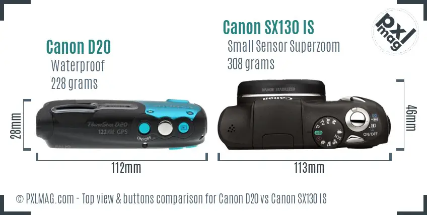 Canon D20 vs Canon SX130 IS top view buttons comparison
