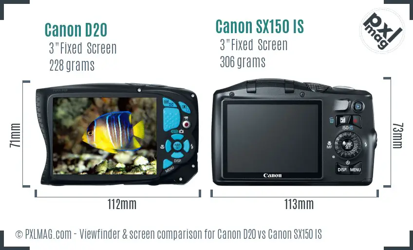 Canon D20 vs Canon SX150 IS Screen and Viewfinder comparison