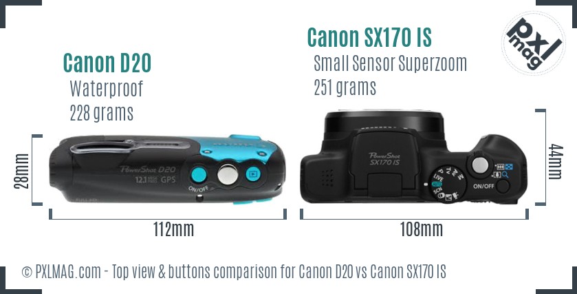Canon D20 vs Canon SX170 IS top view buttons comparison