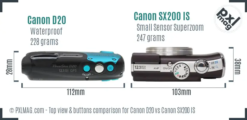 Canon D20 vs Canon SX200 IS top view buttons comparison