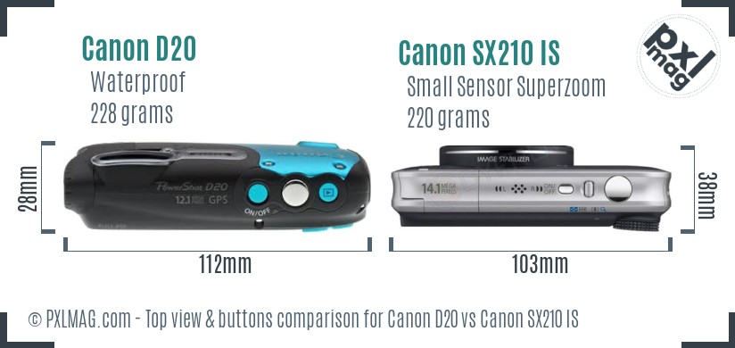 Canon D20 vs Canon SX210 IS top view buttons comparison