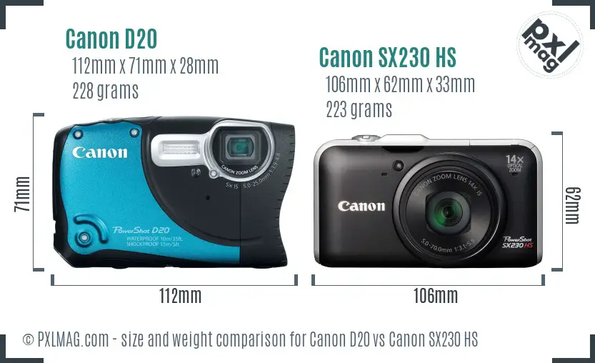 Canon D20 vs Canon SX230 HS size comparison