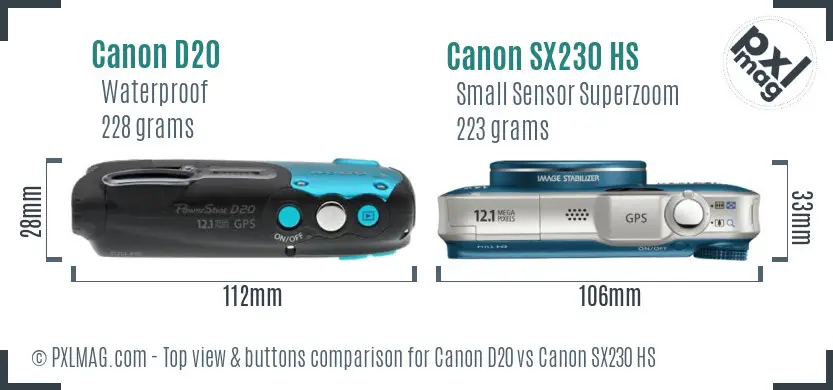 Canon D20 vs Canon SX230 HS top view buttons comparison