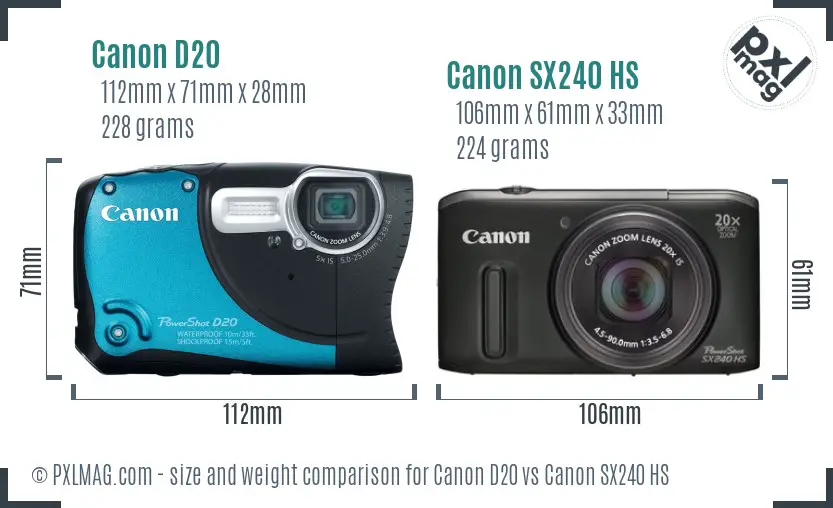 Canon D20 vs Canon SX240 HS size comparison Canon D20 vs Canon SX240 HS size comparison