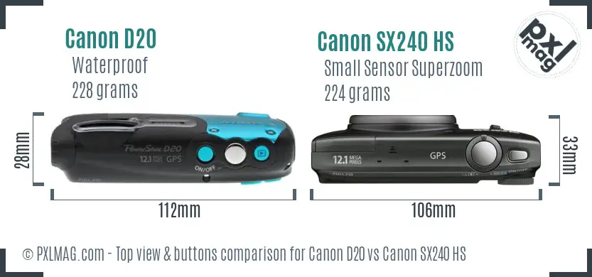 Canon D20 vs Canon SX240 HS top view buttons comparison Canon D20 vs Canon SX240 HS top view buttons comparison