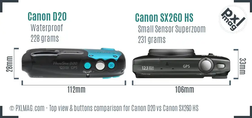 Canon D20 vs Canon SX260 HS top view buttons comparison